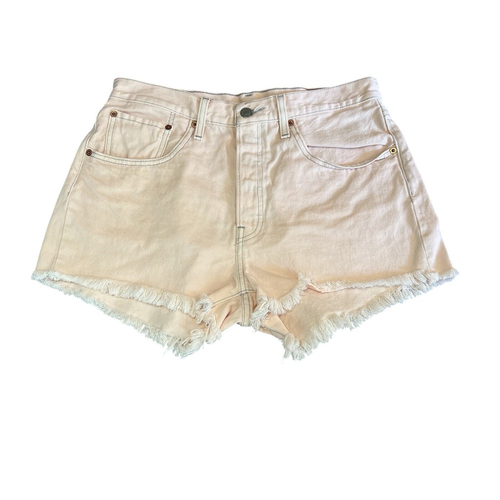 Levis 501 High Rise Pink/Peach‎ Pink Denim Jean Shorts Frayed Hem